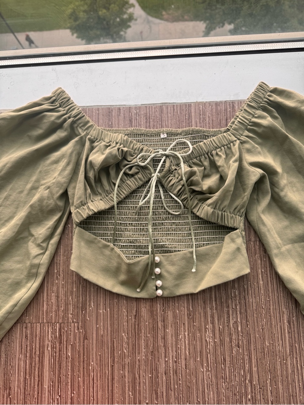 Olive Green Ruched Off-Shoulder Crop Top with Button Detail